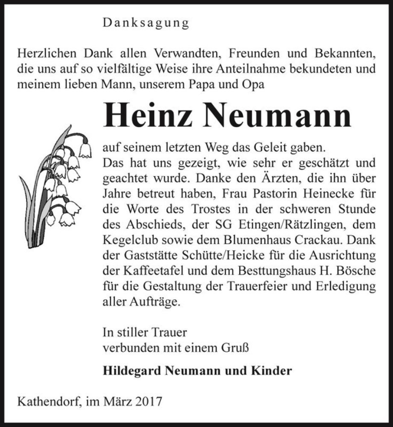  Traueranzeige für Heinz Neumann  vom 24.03.2017 aus Magdeburger Volksstimme