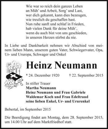 Traueranzeige von Heinz Neumann  von Magdeburger Volksstimme
