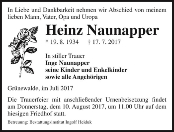 Traueranzeige von Heinz Neunapper  von Magdeburger Volksstimme