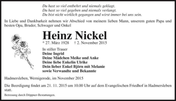 Traueranzeige von Heinz Nickel  von Magdeburger Volksstimme