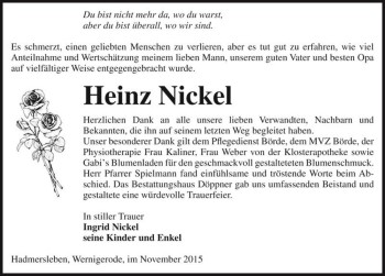 Traueranzeige von Heinz Nickel  von Magdeburger Volksstimme