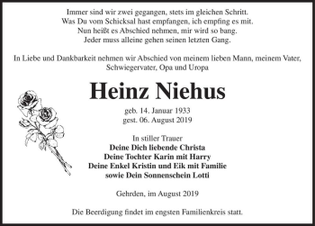 Traueranzeige von Heinz Niehus  von Magdeburger Volksstimme