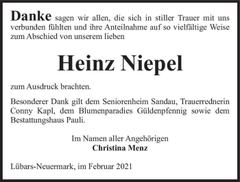 Traueranzeige von Heinz Niepel  von Magdeburger Volksstimme