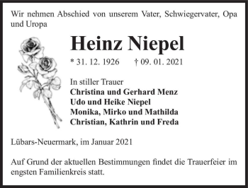 Traueranzeige von Heinz Niepel  von Magdeburger Volksstimme