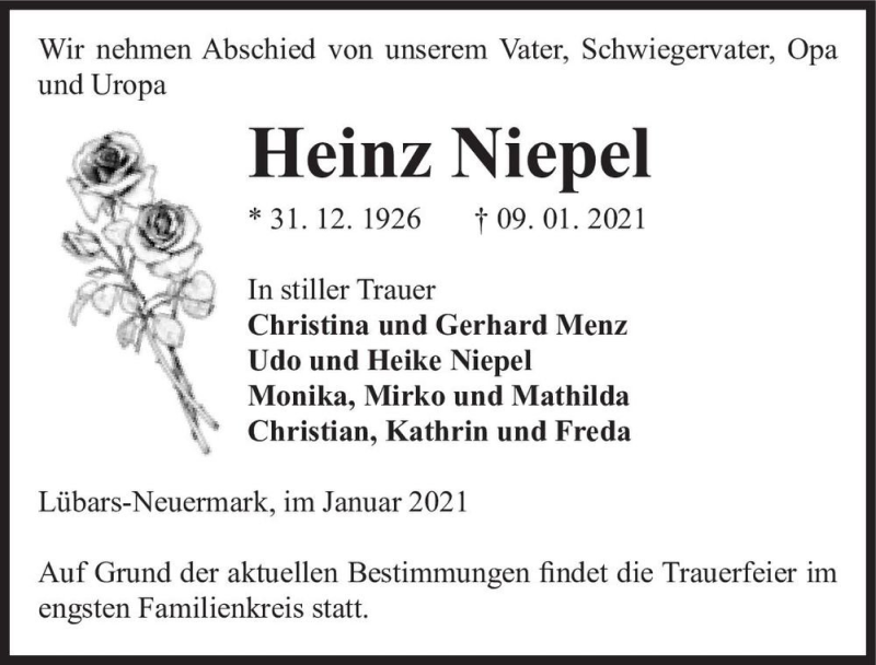  Traueranzeige für Heinz Niepel  vom 30.01.2021 aus Magdeburger Volksstimme