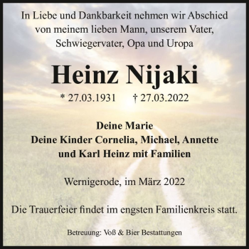 Traueranzeige von Heinz Nijaki  von Magdeburger Volksstimme