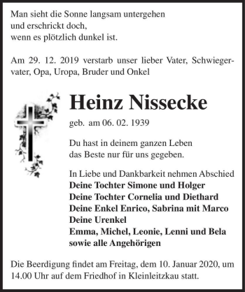 Traueranzeige von Heinz Nissecke  von Magdeburger Volksstimme