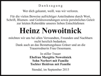 Traueranzeige von Heinz Nowoitnick  von Magdeburger Volksstimme