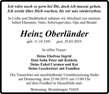 Traueranzeige von Heinz Oberländer  von Magdeburger Volksstimme