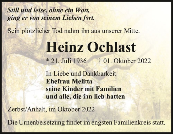 Traueranzeige von Heinz Ochlast  von Magdeburger Volksstimme
