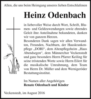 Traueranzeige von Heinz Odenbach  von Magdeburger Volksstimme