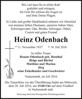 Traueranzeige von Heinz Odenbach  von Magdeburger Volksstimme