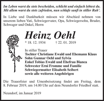 Traueranzeige von Heinz Oehl  von Magdeburger Volksstimme