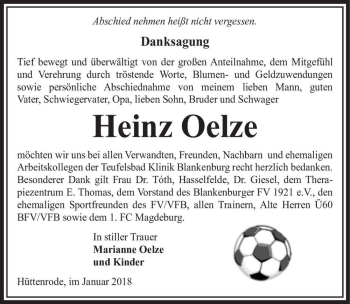Traueranzeige von Heinz Oelze  von Magdeburger Volksstimme