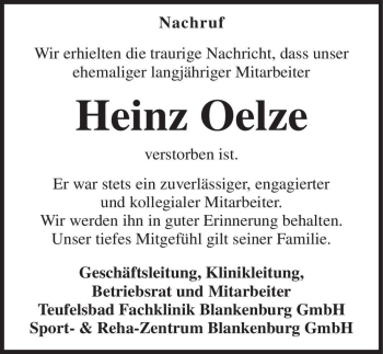 Traueranzeige von Heinz Oelze  von Magdeburger Volksstimme