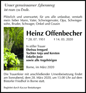 Traueranzeige von Heinz Offenbecher  von Magdeburger Volksstimme