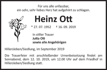 Traueranzeige von Heinz Ott  von Magdeburger Volksstimme
