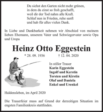 Traueranzeige von Heinz Otto Eggestein  von Magdeburger Volksstimme