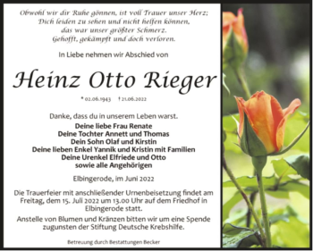 Traueranzeige von Heinz Otto Rieger  von Magdeburger Volksstimme