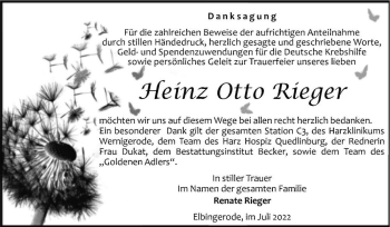 Traueranzeige von Heinz Otto Rieger  von Magdeburger Volksstimme