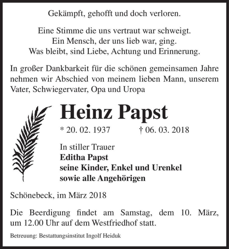  Traueranzeige für Heinz Papst  vom 08.03.2018 aus Magdeburger Volksstimme