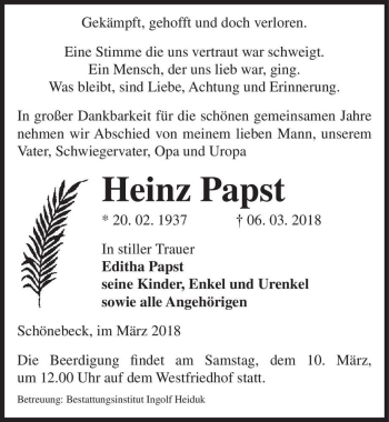 Traueranzeige von Heinz Papst  von Magdeburger Volksstimme