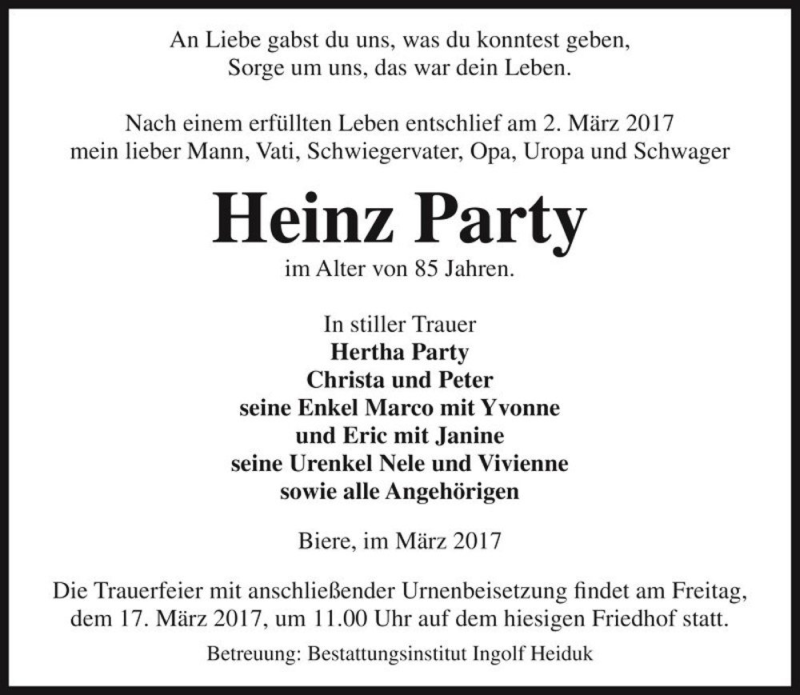  Traueranzeige für Heinz Party  vom 11.03.2017 aus Magdeburger Volksstimme