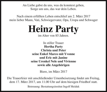 Traueranzeige von Heinz Party  von Magdeburger Volksstimme