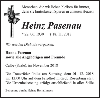 Traueranzeige von Heinz Pasenau  von Magdeburger Volksstimme