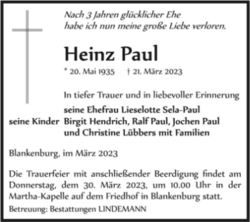 Traueranzeige von Heinz Paul  von Magdeburger Volksstimme