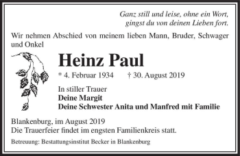Traueranzeige von Heinz Paul  von Magdeburger Volksstimme