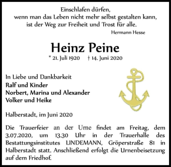 Traueranzeige von Heinz Peine  von Magdeburger Volksstimme