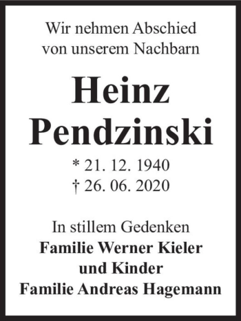 Traueranzeige von Heinz Pendzinski  von Magdeburger Volksstimme