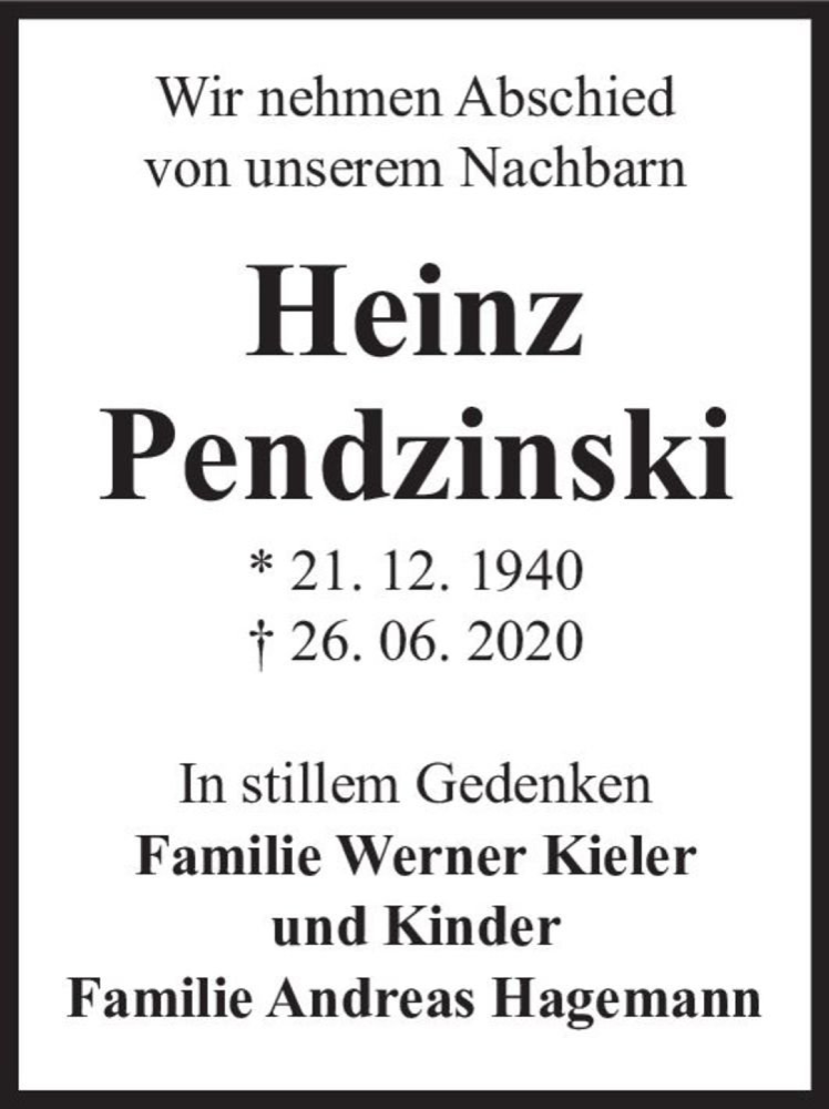  Traueranzeige für Heinz Pendzinski  vom 11.07.2020 aus Magdeburger Volksstimme