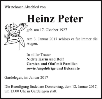 Traueranzeige von Heinz Peter  von Magdeburger Volksstimme