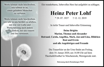 Traueranzeige von Heinz Peter Lohf  von Magdeburger Volksstimme