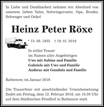 Traueranzeige von Heinz Peter Röxe  von Magdeburger Volksstimme