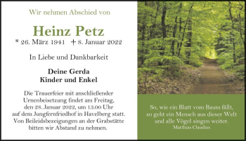 Traueranzeige von Heinz Petz  von Magdeburger Volksstimme