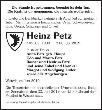 Traueranzeige von Heinz Petz  von Magdeburger Volksstimme