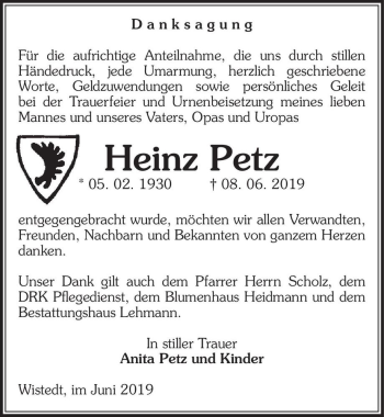 Traueranzeige von Heinz Petz  von Magdeburger Volksstimme