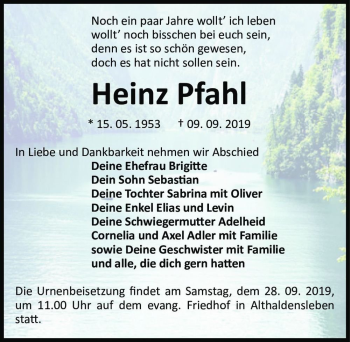 Traueranzeige von Heinz Pfahl  von Magdeburger Volksstimme