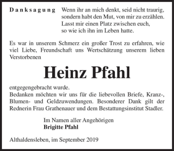 Traueranzeige von Heinz Pfahl  von Magdeburger Volksstimme