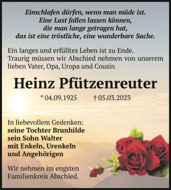 Traueranzeige von Heinz Pfützenreuter  von Magdeburger Volksstimme