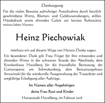 Traueranzeige von Heinz Piechowiak  von Magdeburger Volksstimme