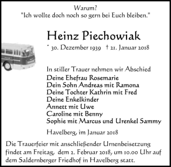 Traueranzeige von Heinz Piechowiak  von Magdeburger Volksstimme