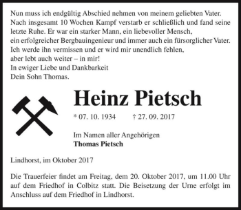 Traueranzeige von Heinz Pietsch  von Magdeburger Volksstimme