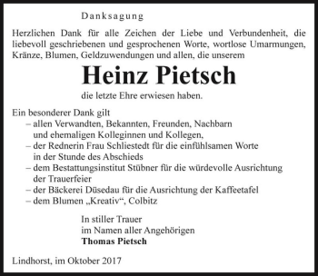 Traueranzeige von Heinz Pietsch  von Magdeburger Volksstimme