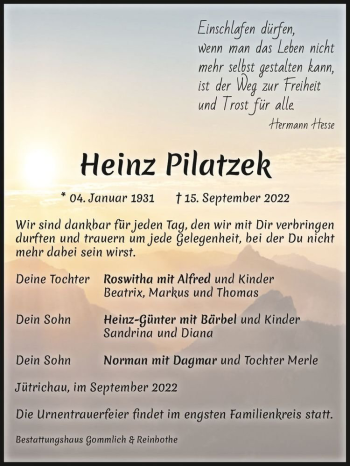 Traueranzeige von Heinz Pilatzek  von Magdeburger Volksstimme