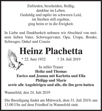 Traueranzeige von Heinz Plachetta  von Magdeburger Volksstimme