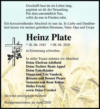 Traueranzeige von Heinz Plate  von Magdeburger Volksstimme